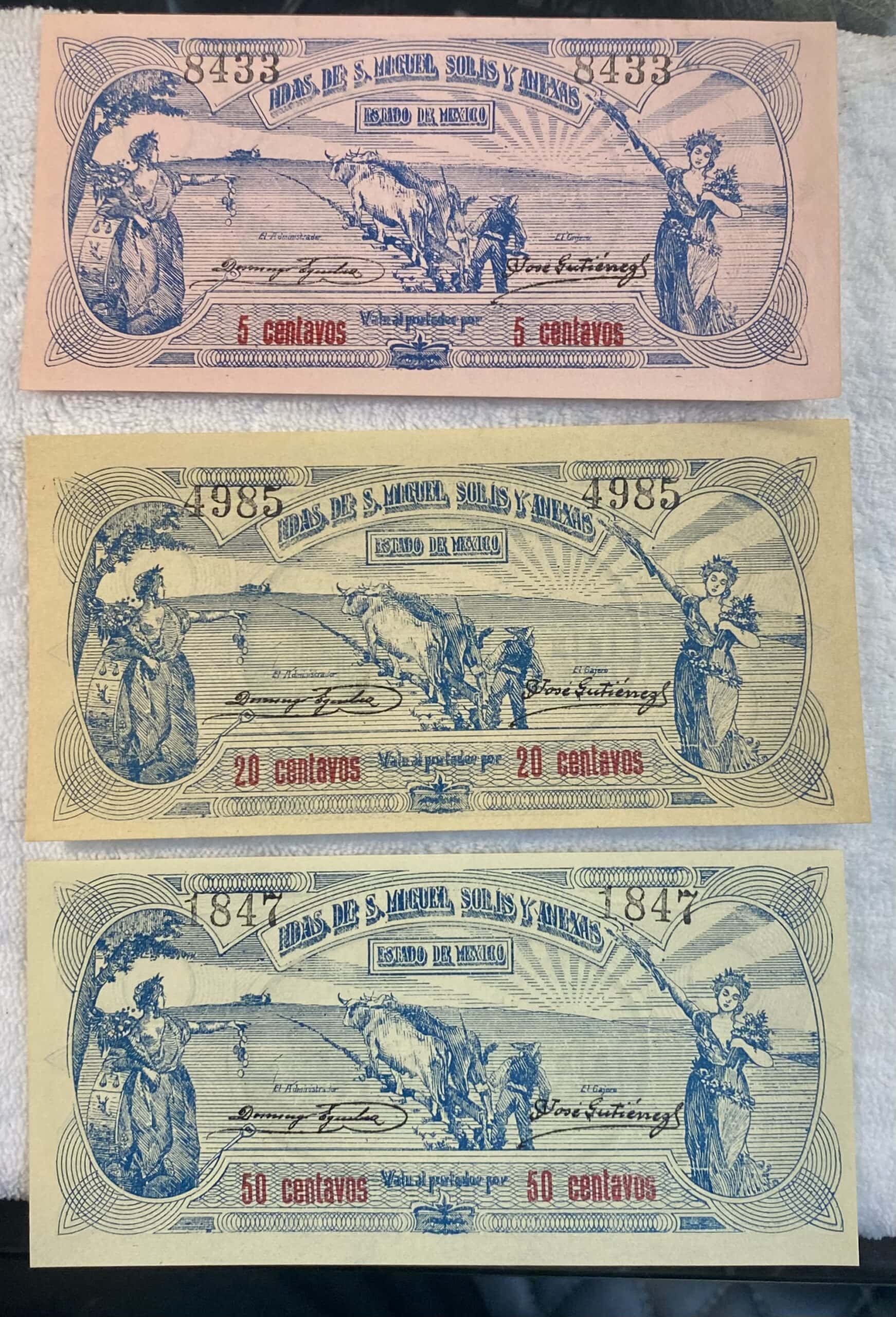 BILLETES ESTADO DE MEXICO 5,20,50 CENTAVOS HACIENDA DE SAN MIGUEL SOLIS –  Cenumex, image size:1742x2560