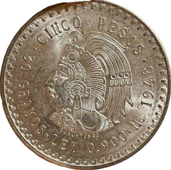 México 5 Pesos Cuauhtemoc 1947 y 1948 - Image 2