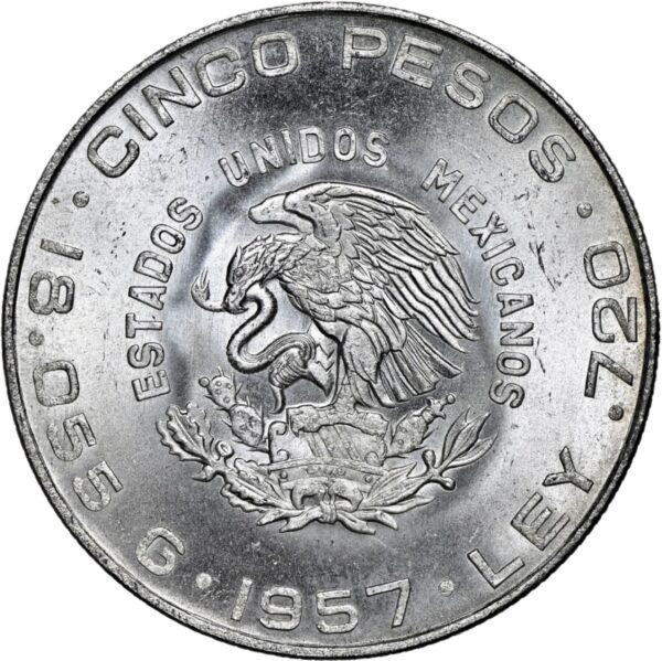 México 5 Pesos 1957 Hidalgo - Image 2