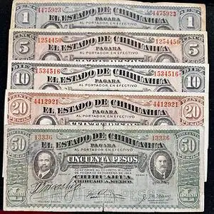 Coleccion Completa de 5 Billetes de Chihuahua 1914