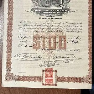 Acción 100 pesos Banco De Durango 1904