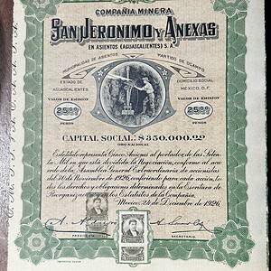 Acción Minera 25 pesos San Jeronimo y Anexas