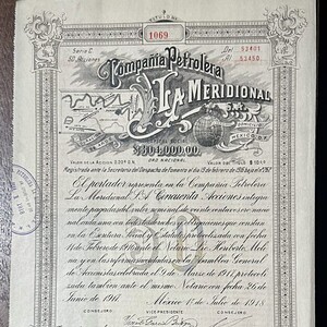 Acción 10 pesos Petrolera La Meridional Veracruz 1918