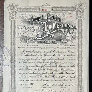 Acción 10 pesos Petrolera La Meridional Veracruz 1918