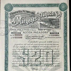 Acción 20 pesos Márgenes del Pánuco Veracruz 1917