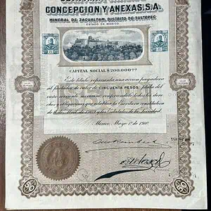 Acción CIA.Minera Concepción y anexas Zacualpan,Sultepec Estado de México 1910