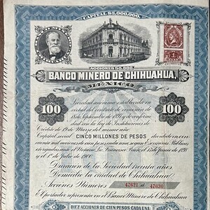 Acción 100 pesos Banco Minero de Chihuahua 1903