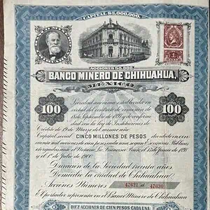 Acción 100 pesos Banco Minero de Chihuahua 1903
