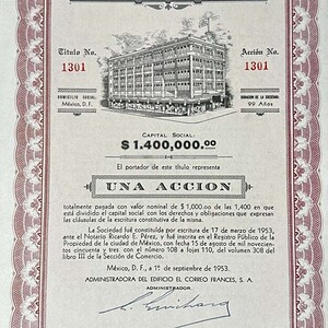 México 1 Accion 1000 Pesos Edificio El Correo Frances 1953