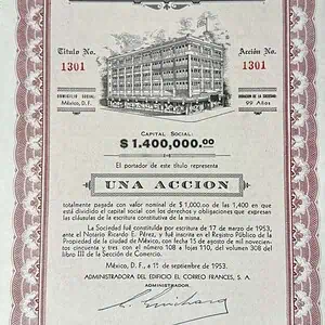 México 1 Accion 1000 Pesos Edificio El Correo Frances 1953