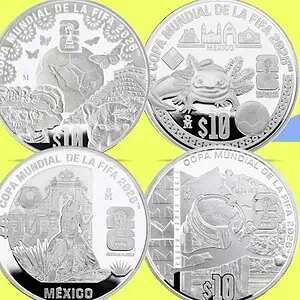 MONEDAS DEL MUNDIAL DE FUTBOL MÉXICO 2026 set de 4 piezas Plata.999